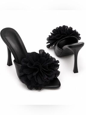 Black Floral Mule Heels - Elegant Women's Slide Sandals